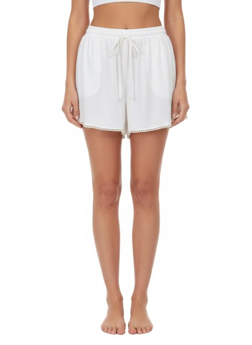 Off White Hand Beaded Pearl Trim Linen Shorts - Image 2