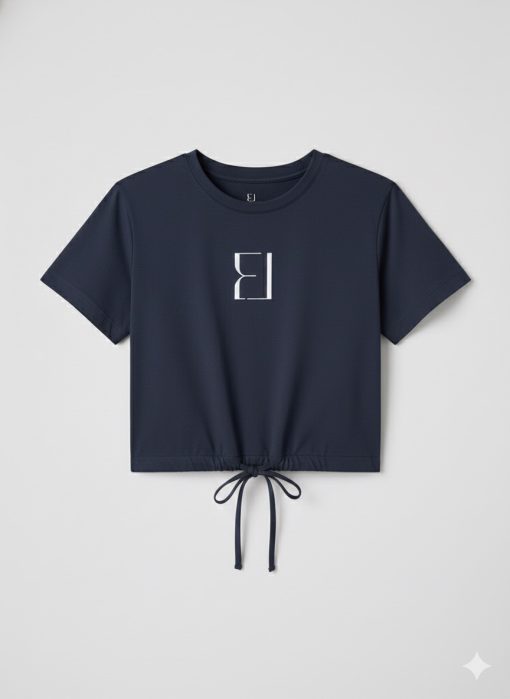 Black Draw String Crop T-Shirt With White Icon - Image 2