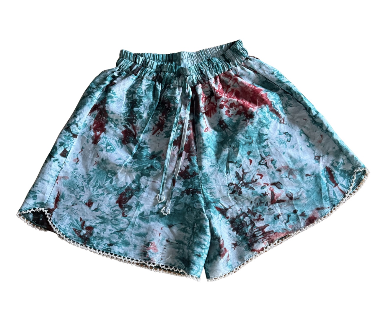 Tie & Die Hand Beaded Pearl Trim Linen Shorts - Image 3