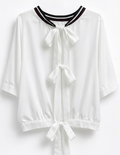 White Tie Back Blouse With Sporty Neckline - Image 2