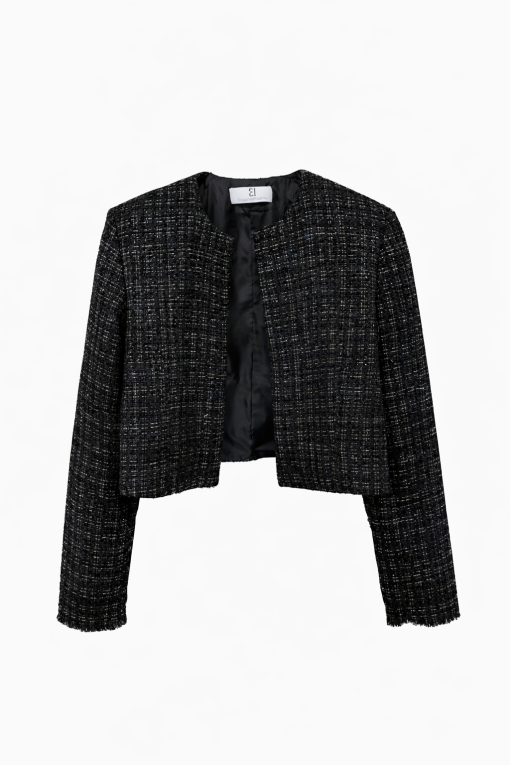 Black Tweed Crop Jacket And Skirt Set - Image 2