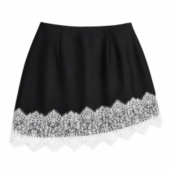 Black Asymmetric Hem Duchess Satin Skirt With White Lace Trim