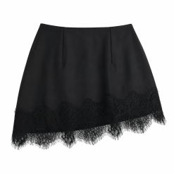 Black Asymmetric Hem Duchess Satin Skirt With Black Lace Trim