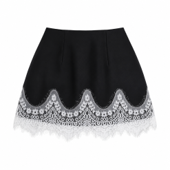 Black Duchess Satin Mini Skirt With White Lace Trim