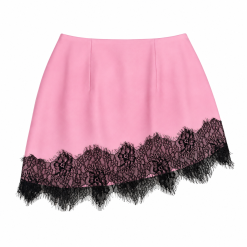 Pink Asymmetric Helm Duchess Satin Skirt With Lace Trim