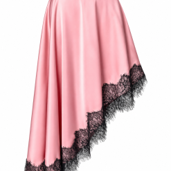 Pink Asymmetric Hem Duchess Satin Midi Skirt With Black Lace Trim