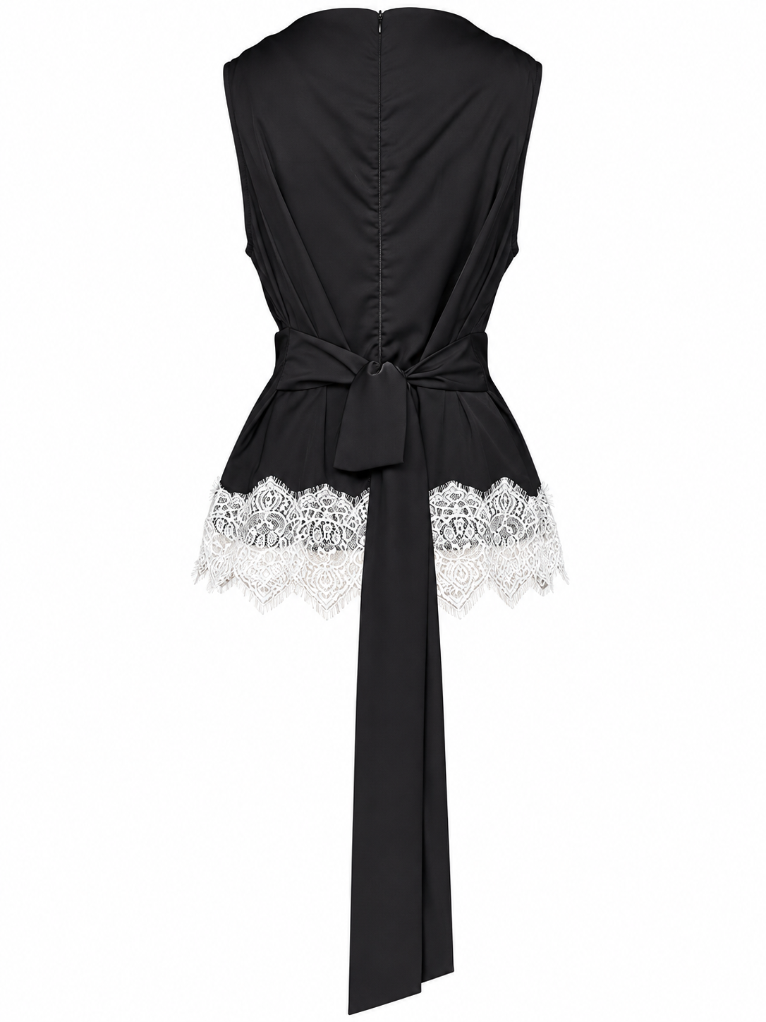 Black Satin Cowl Neck Tie-Back Top With White Lace Trim - Image 2