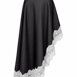 Black Asymmetric Hem Duchess Satin Midi Skirt With White Lace Trim