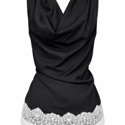 Black Satin Cowl Neck Tie-Back Top With White Lace Trim