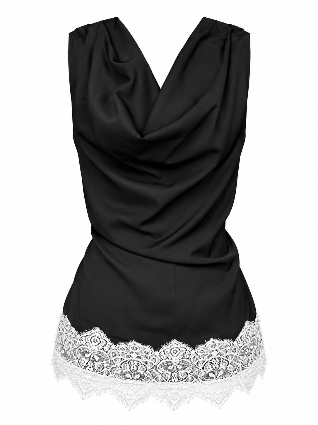Black Satin Cowl Neck Tie-Back Top With White Lace Trim