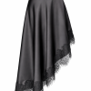 Black Asymmetric Hem Duchess Satin Midi Skirt With Black Lace Trim