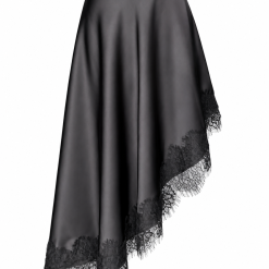 Black Asymmetric Hem Duchess Satin Midi Skirt With Black Lace Trim