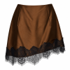 Brown Asymmetric Hem Duchess Satin Mini Skirt With Black Lace Trim