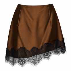 Brown Asymmetric Hem Duchess Satin Mini Skirt With Black Lace Trim