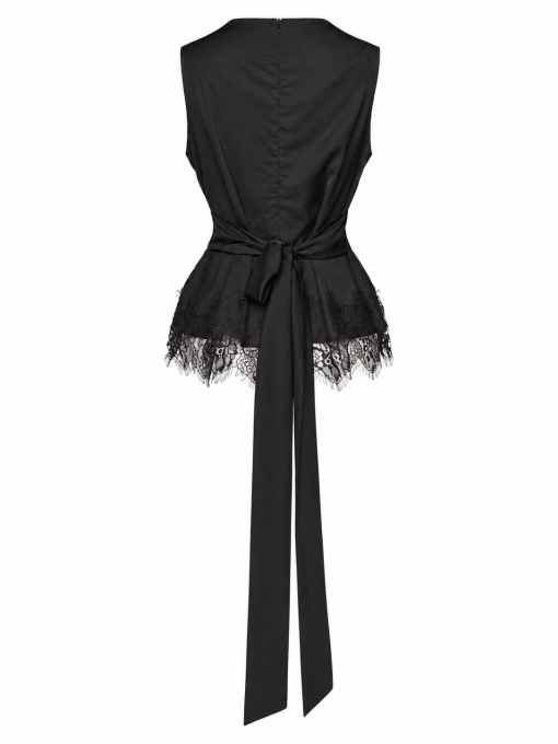 Black Satin Cowl Neck Tie-Back Top With Black Lace Trim - Image 2