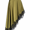 Olive Green Asymmetric Hem Duchess Satin Midi Skirt With Black Lace Trim