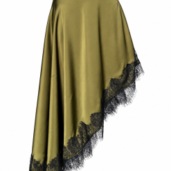 Olive Green Asymmetric Hem Duchess Satin Midi Skirt With Black Lace Trim