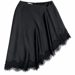 Alternative view of Black Asymmetric Hem Duchess Satin Midi Skirt With Black Lace Trim