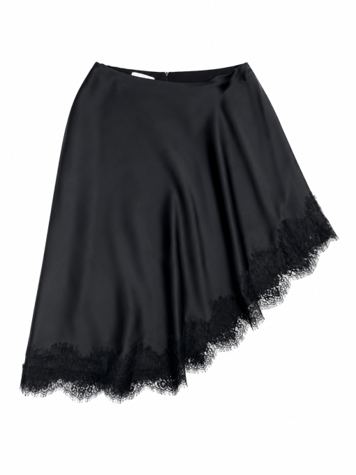 Black Asymmetric Hem Duchess Satin Midi Skirt With Black Lace Trim - Image 2