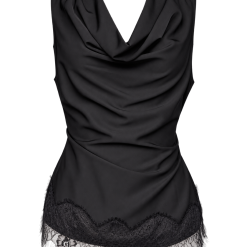 Black Satin Cowl Neck Tie-Back Top With Black Lace Trim