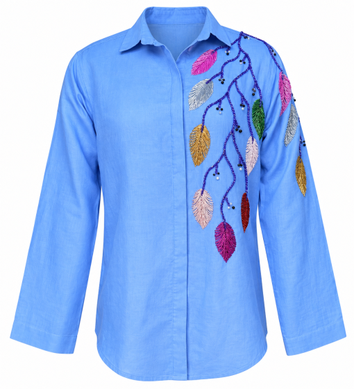 Hand Beaded Blue Linen Botanical Co-Ord Set - Image 2