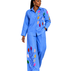 Hand Beaded Blue Linen Botanical Co-Ord Set